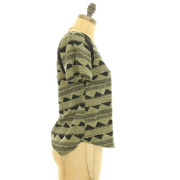 Timing Blouse Top Size S Mesh inset Short Sleeve Geometric Black Yellow EUC B2 - Picture 2 of 5